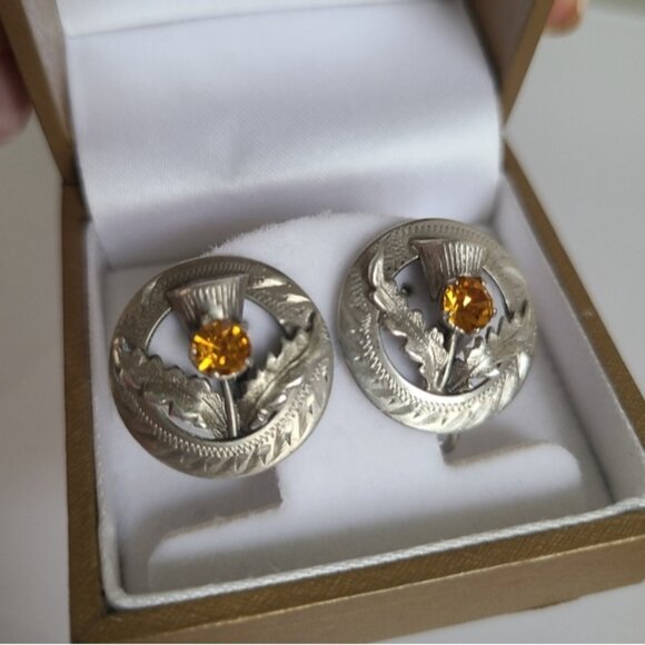 Vintage WB Scotland Sterling Silver Boho Yellow Citrine Circle Stud Earrings - Picture 10 of 13